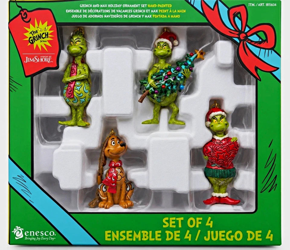 Jim Shore Grinch and Max Hand-painted Ornament Set of 4 NEW