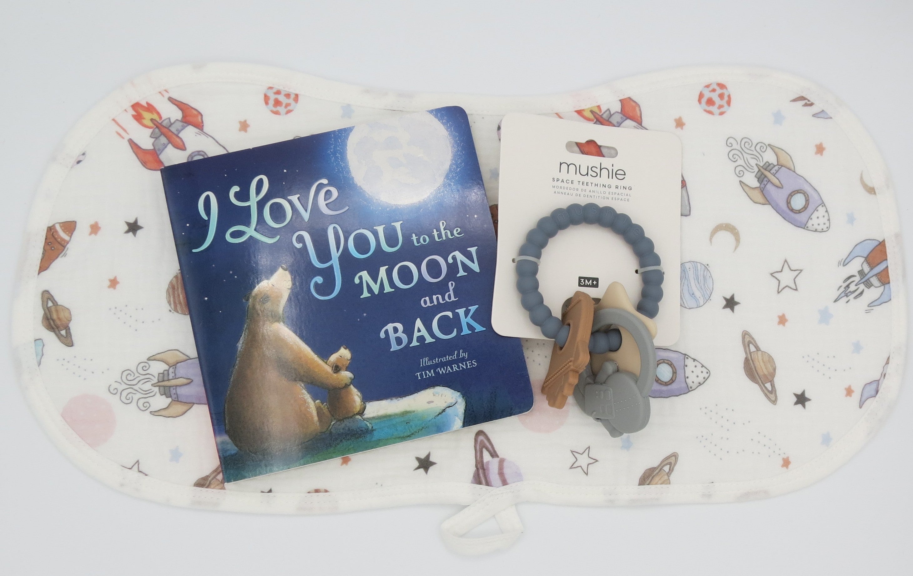 I Love You to The Moon And Back with mushie Silicone Space Teething Ring Toy & Muslin Burp Cloth