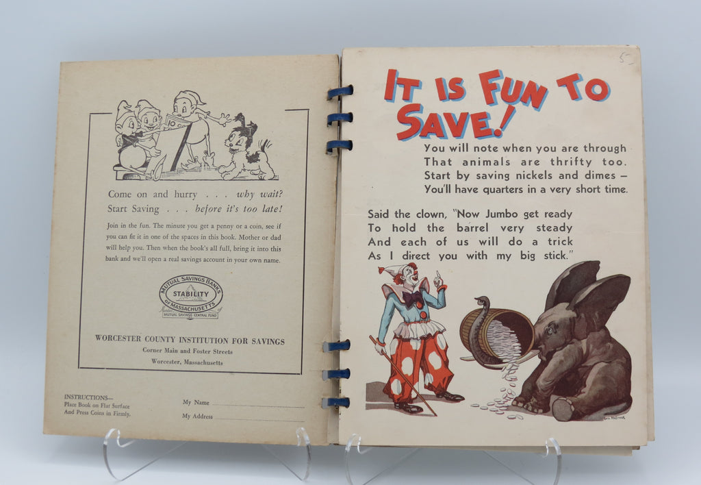 Vintage 1940s "IT IS FUN TO SAVE"  Circus Themed Coin Saving Book